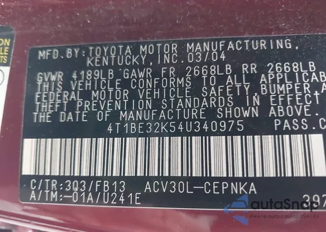 2004 Toyota Camry Le from USA, damaged, VIN 4T1BE32K54U340975